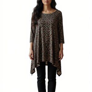 Comfy USA Tunic Size Medium Brown Polka Dot 3/4 Sleeves Artsy Stretch Lagenlook